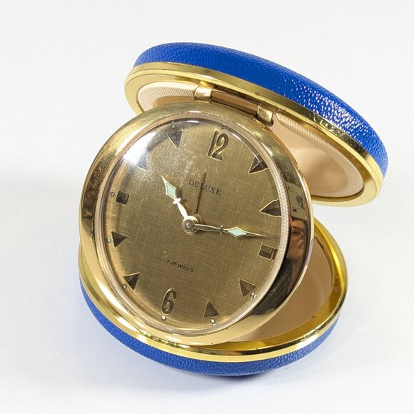 vintage mcm Deluxe travel alarm clock 7 jewels Germany round travel WORKS - Picture 4 of 14